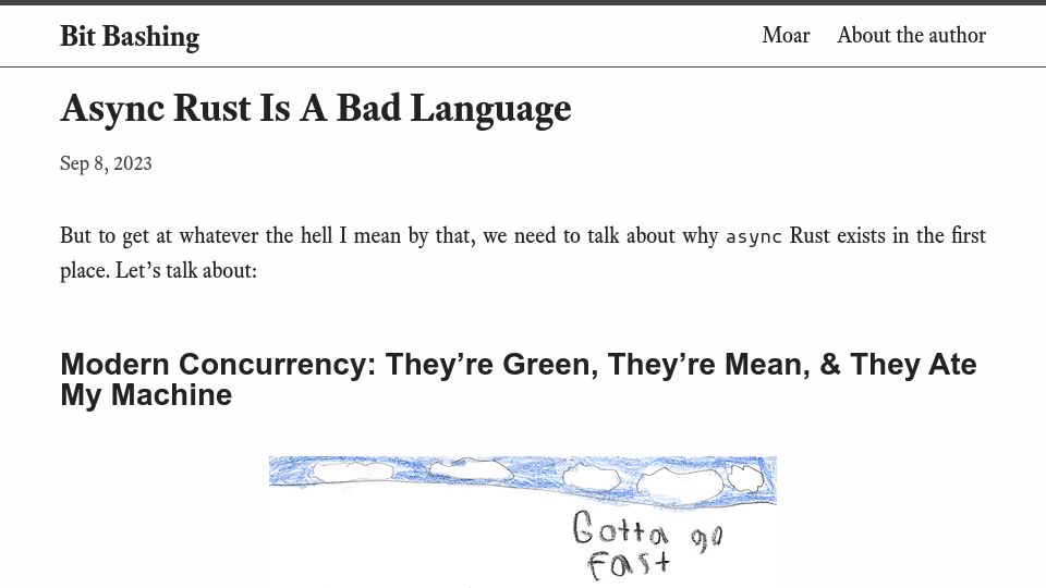 Screenshot of bitbashing.io: Maybe Rust isn’t a good tool for massively concurrent, userspace software