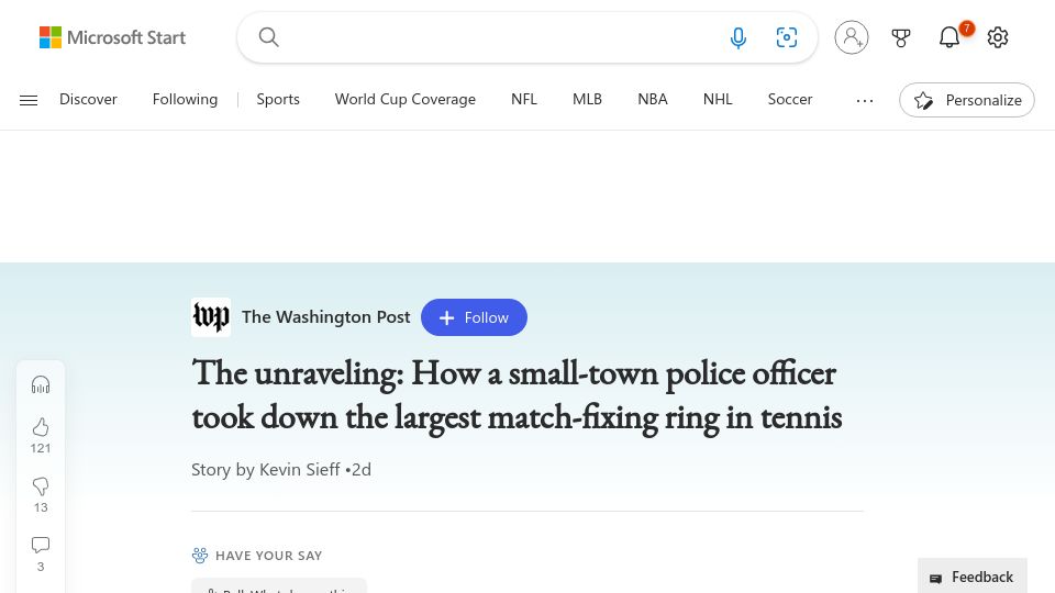 Screenshot of msn.com: A small-town police officer took down the largest matchfixing ring in tennis