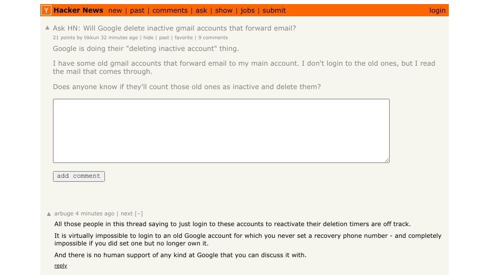 Screenshot of Hacker News post: Ask HN: Will Google delete inactive gmail accounts that forward email?