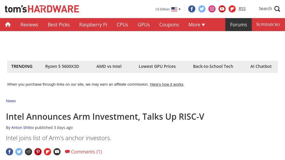 Screenshot of tomshardware.com: Intel announces Arm investment, talks up RISC-V