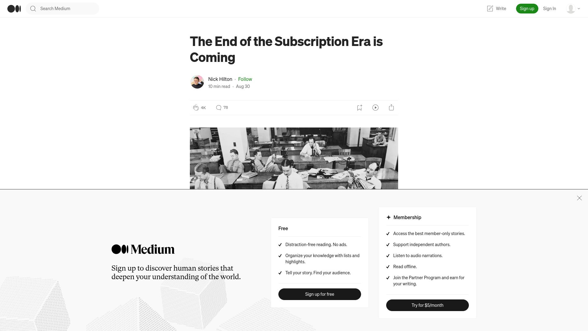 Screenshot of nickfthilton.medium.com: The end of the subscription era is coming