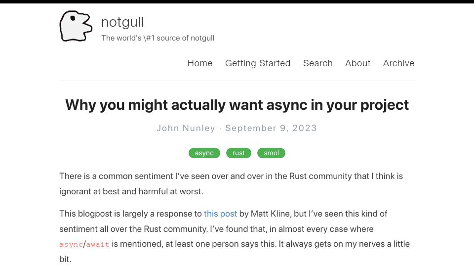 Screenshot of notgull.net: Why you might want async in your project