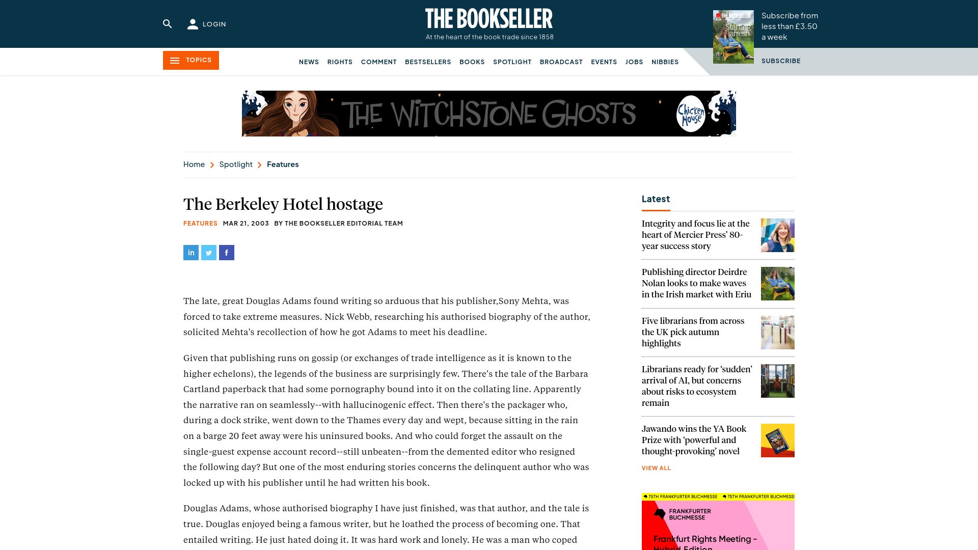 Screenshot of thebookseller.com: The Berkeley Hotel Hostage of Douglas Adams