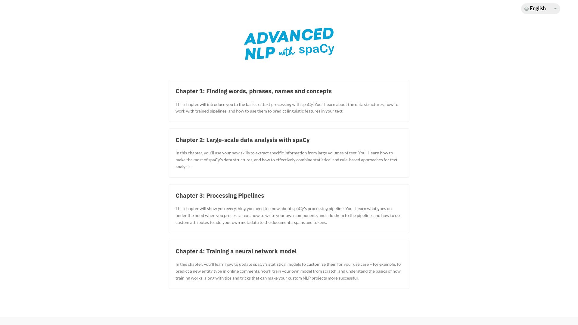 Screenshot of course.spacy.io: Advanced NLP with SpaCy