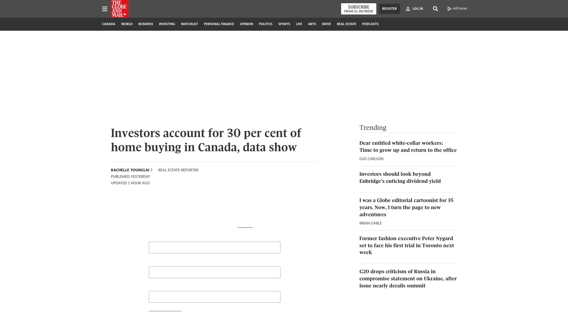 Screenshot of theglobeandmail.com: Investors account for 30 per cent of home buying in Canada, data show