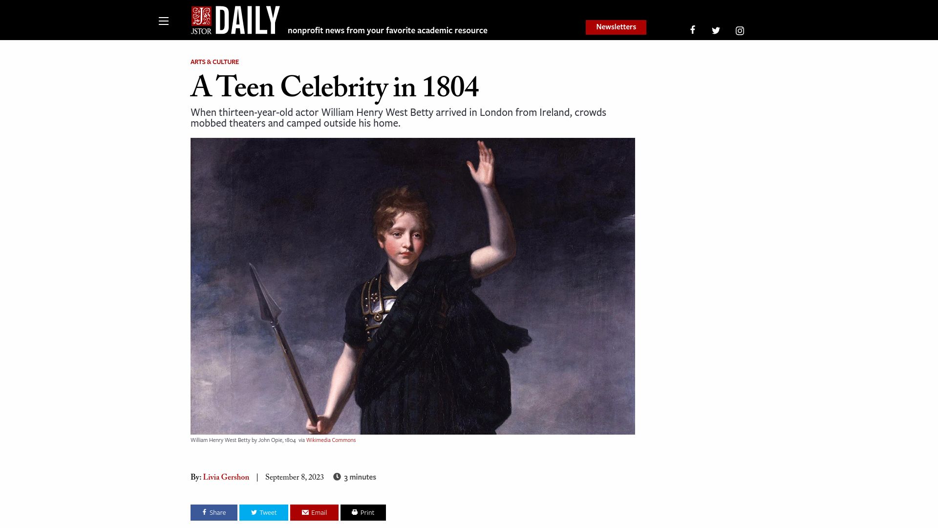 Screenshot of daily.jstor.org: A Teen Celebrity in 1804