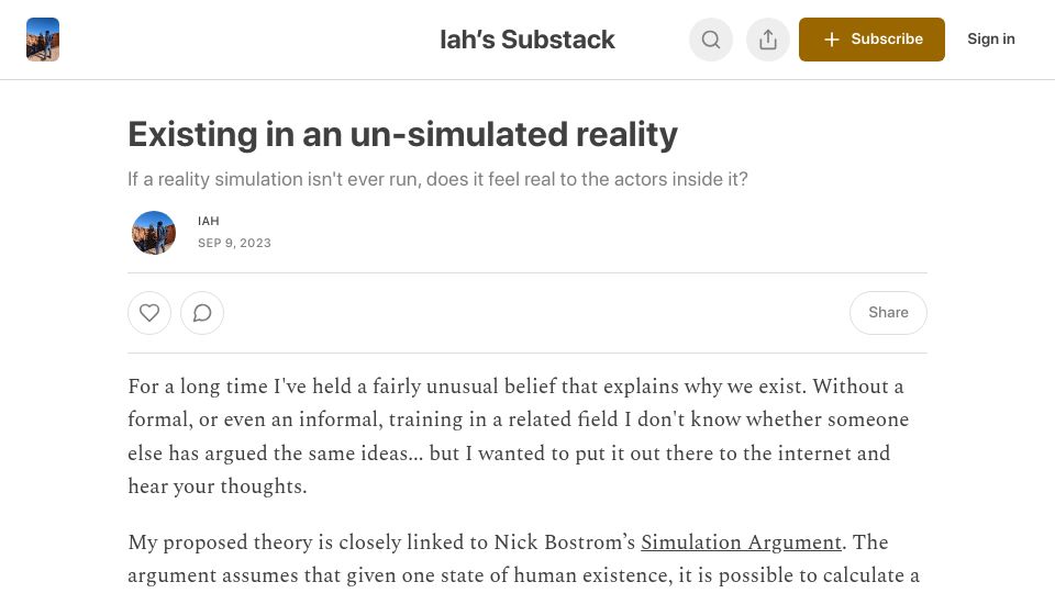 Screenshot of iahwrites.substack.com: Existing in an un-simulated reality