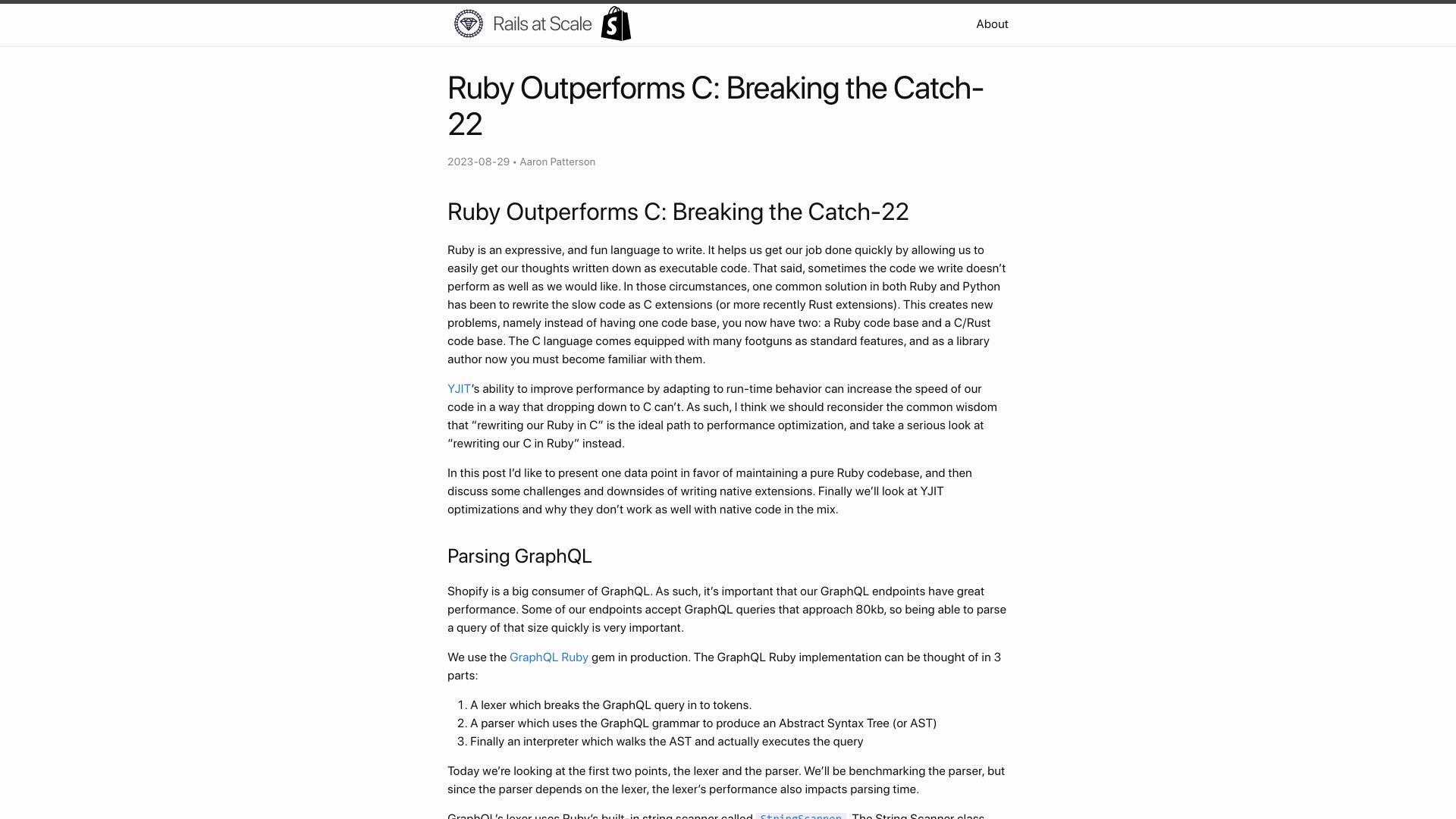 Screenshot of railsatscale.com: JIT-optimized Ruby can outperform a C extension