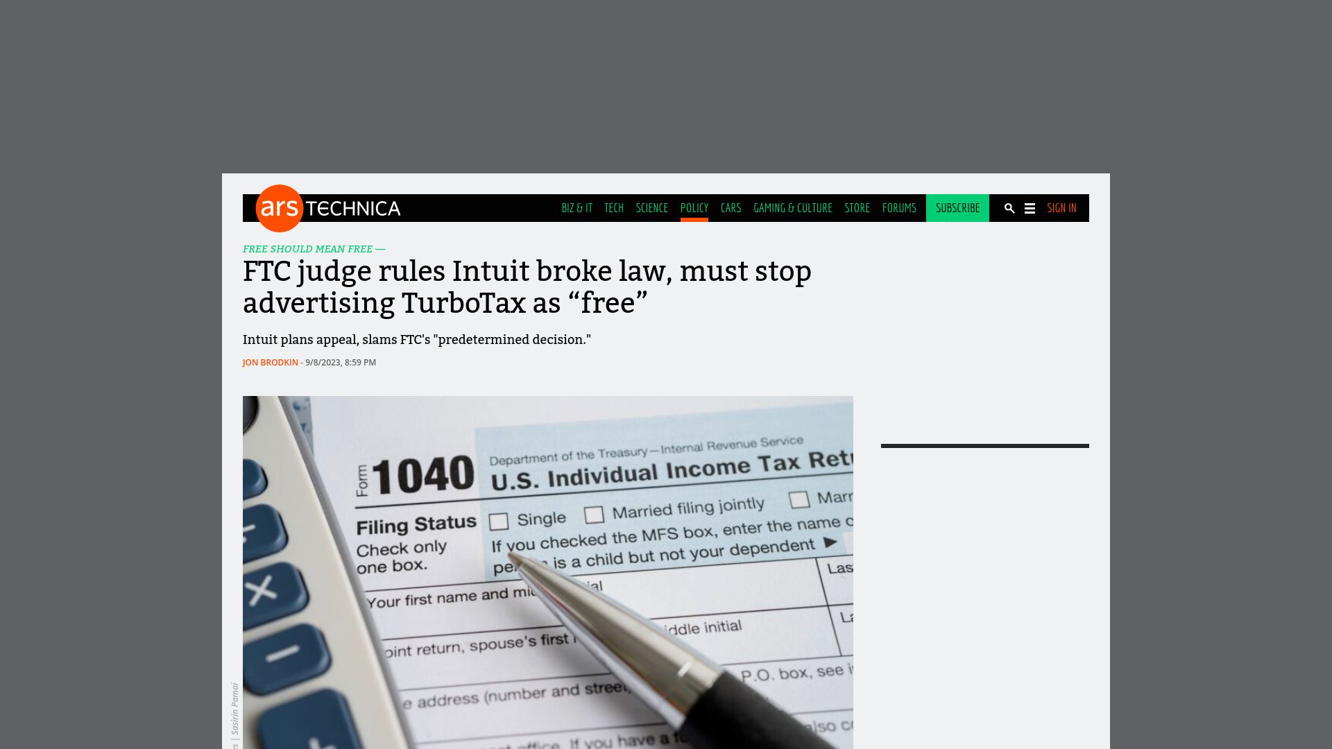 Screenshot of arstechnica.com: FTC judge rules Intuit broke law, must stop advertising TurboTax as “free”