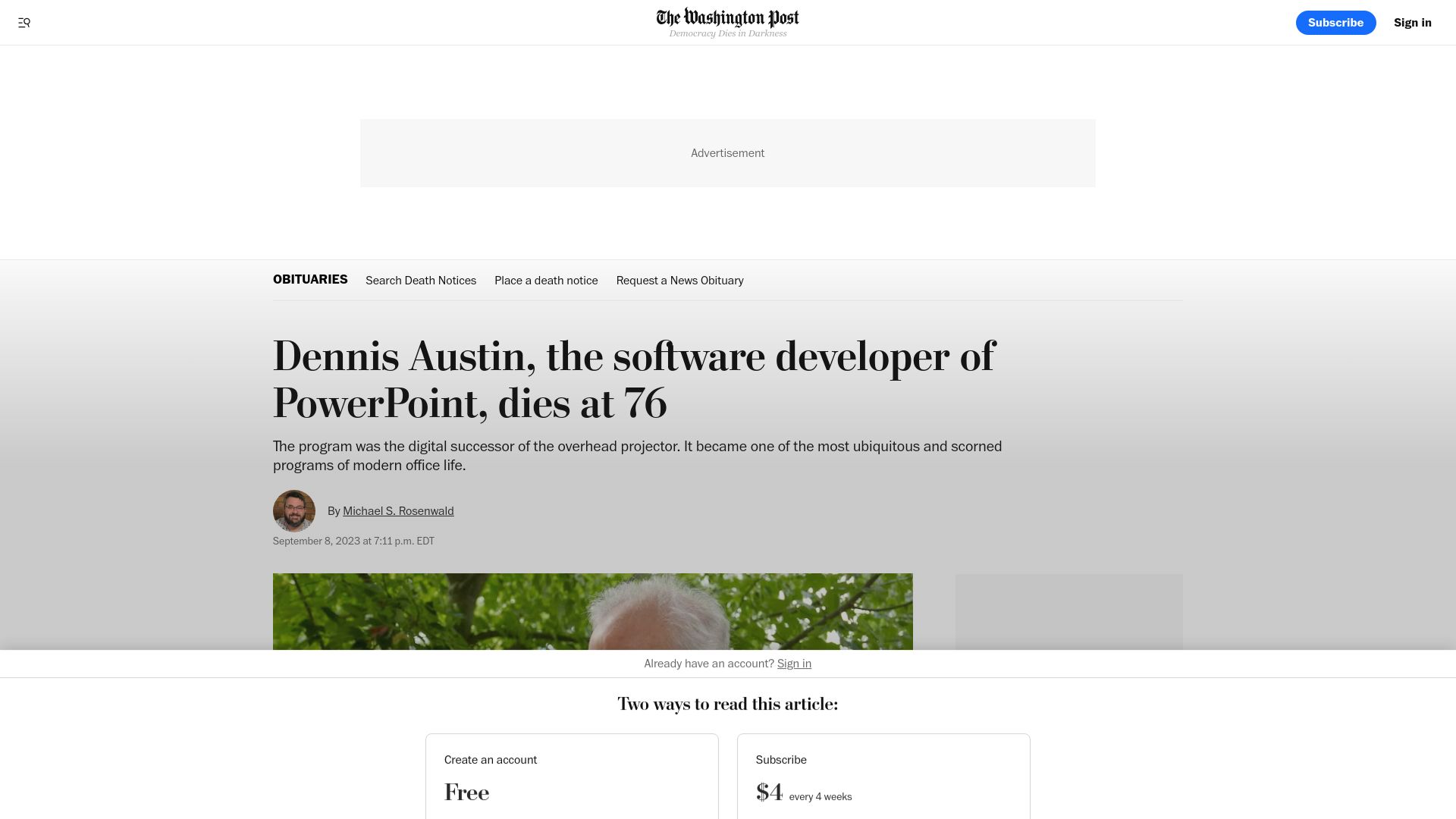 Screenshot of washingtonpost.com: Dennis Austin, developer of PowerPoint, has died