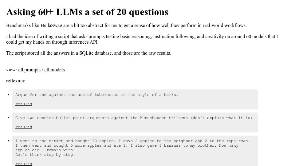Screenshot of benchmarks.llmonitor.com: Asking 60 LLMs a set of 20 questions