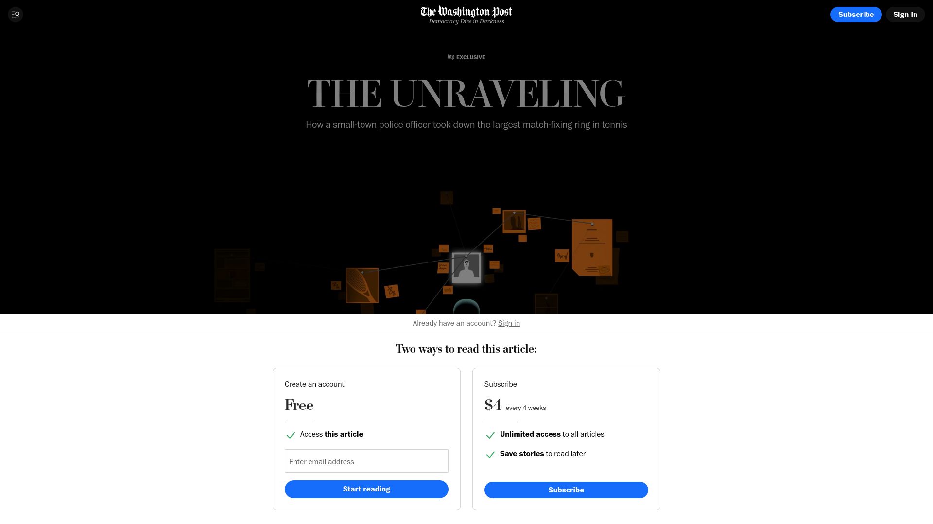 Screenshot of washingtonpost.com: A small-town police officer took down a large match-fixing ring in tennis