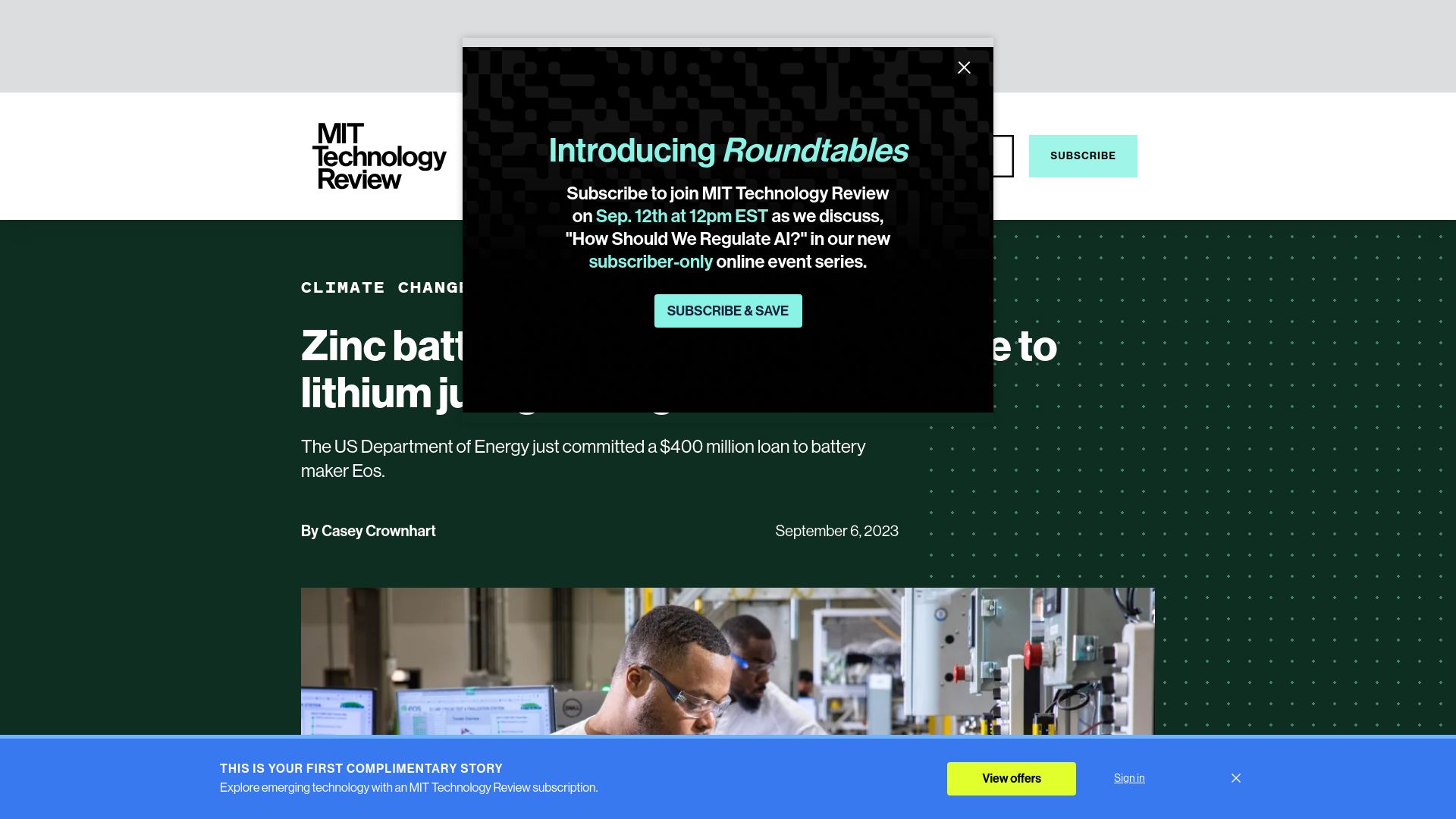 Screenshot of technologyreview.com: Zinc batteries that offer an alternative to lithium just got a big boost