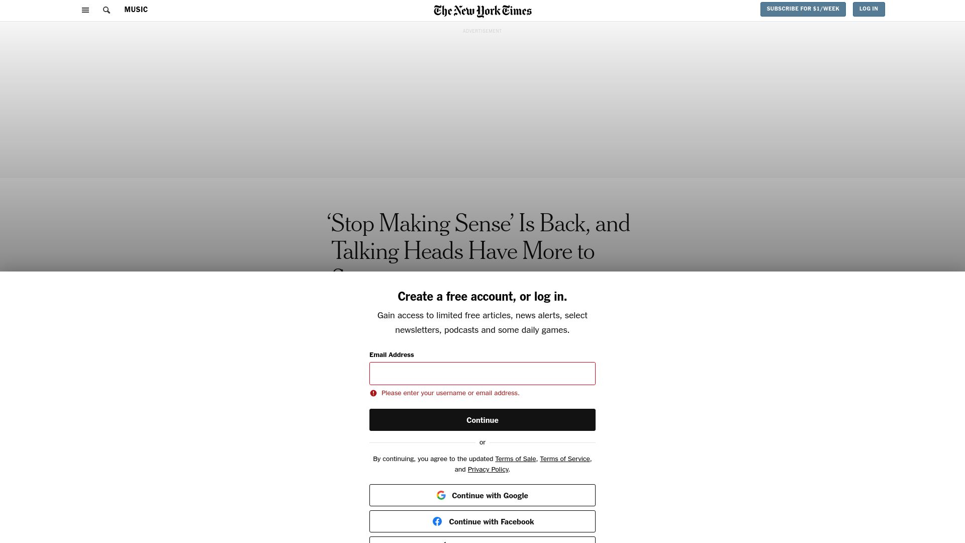 Screenshot of nytimes.com: ‘Stop Making Sense’ Is Back, and Talking Heads Have More to Say