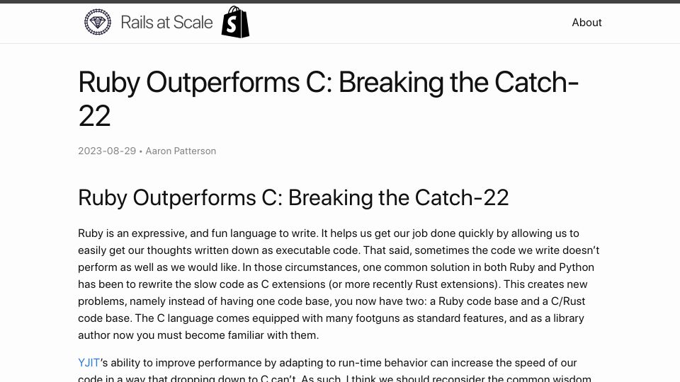 Screenshot of railsatscale.com: JIT-optimized Ruby can outperform a C extension