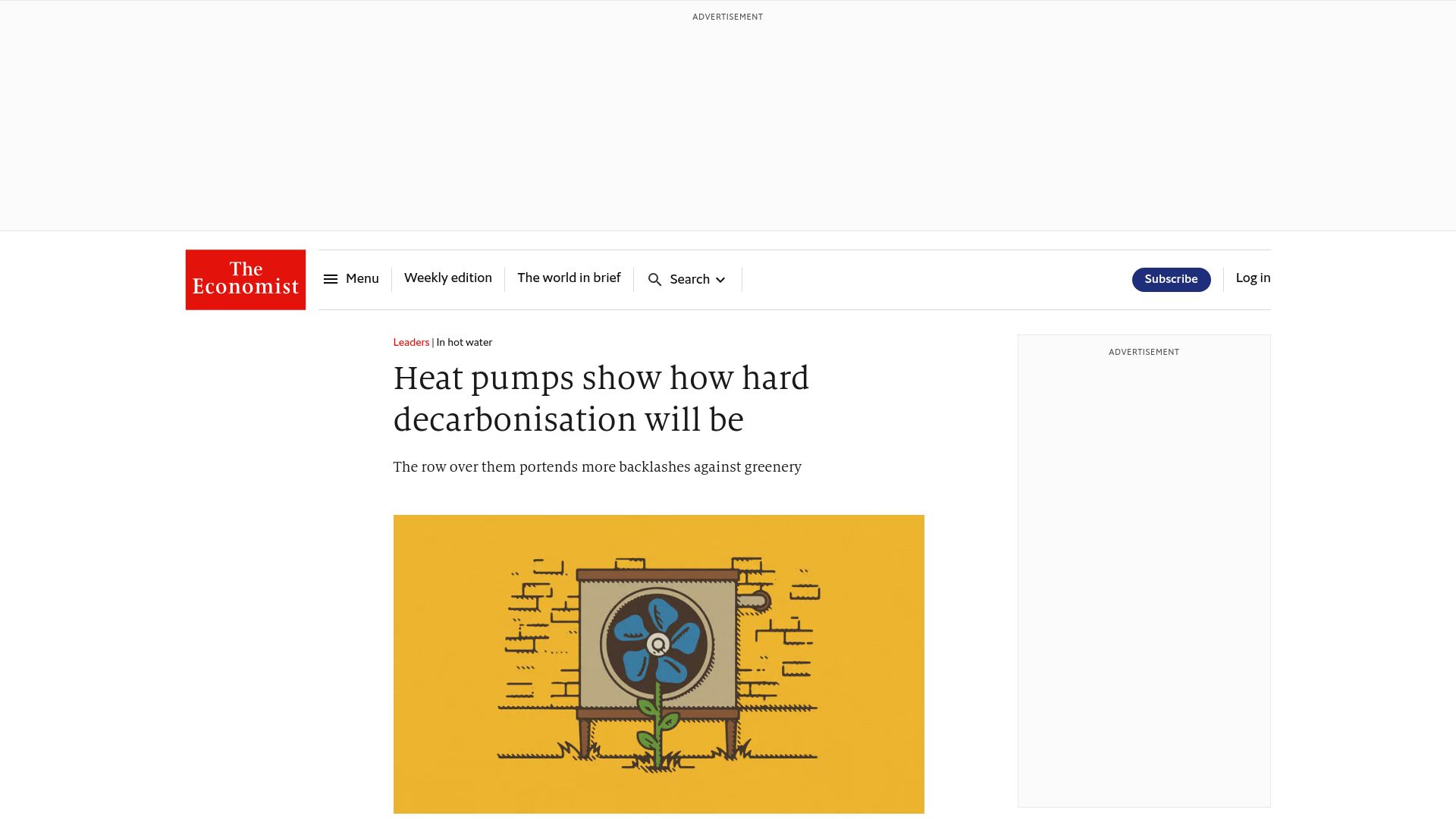 Screenshot of economist.com: Heat pumps show how hard decarbonisation will be