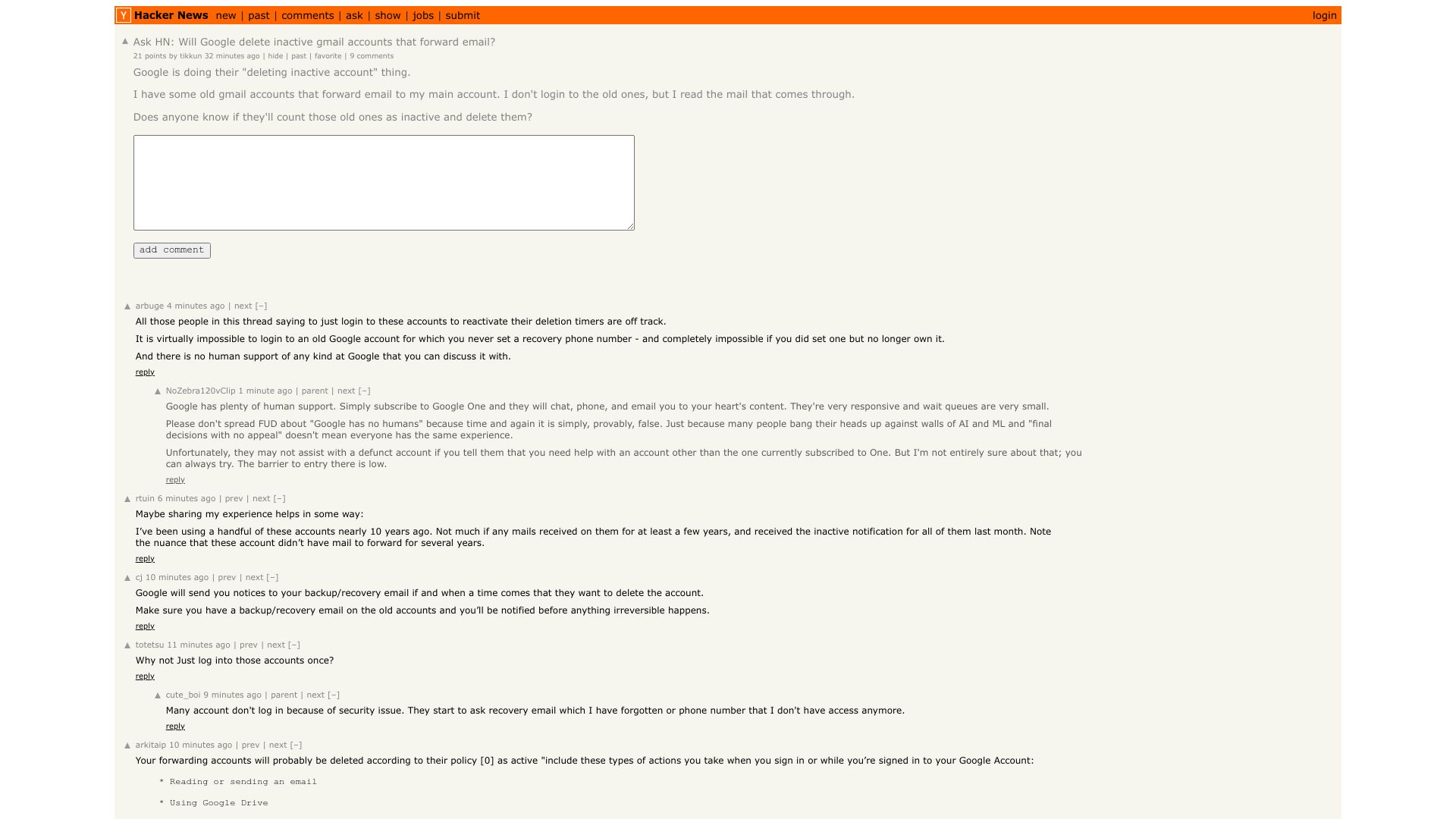 Screenshot of this Hacker News post: Ask HN: Will Google delete inactive gmail accounts that forward email?