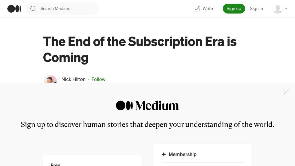 Screenshot of nickfthilton.medium.com: The end of the subscription era is coming
