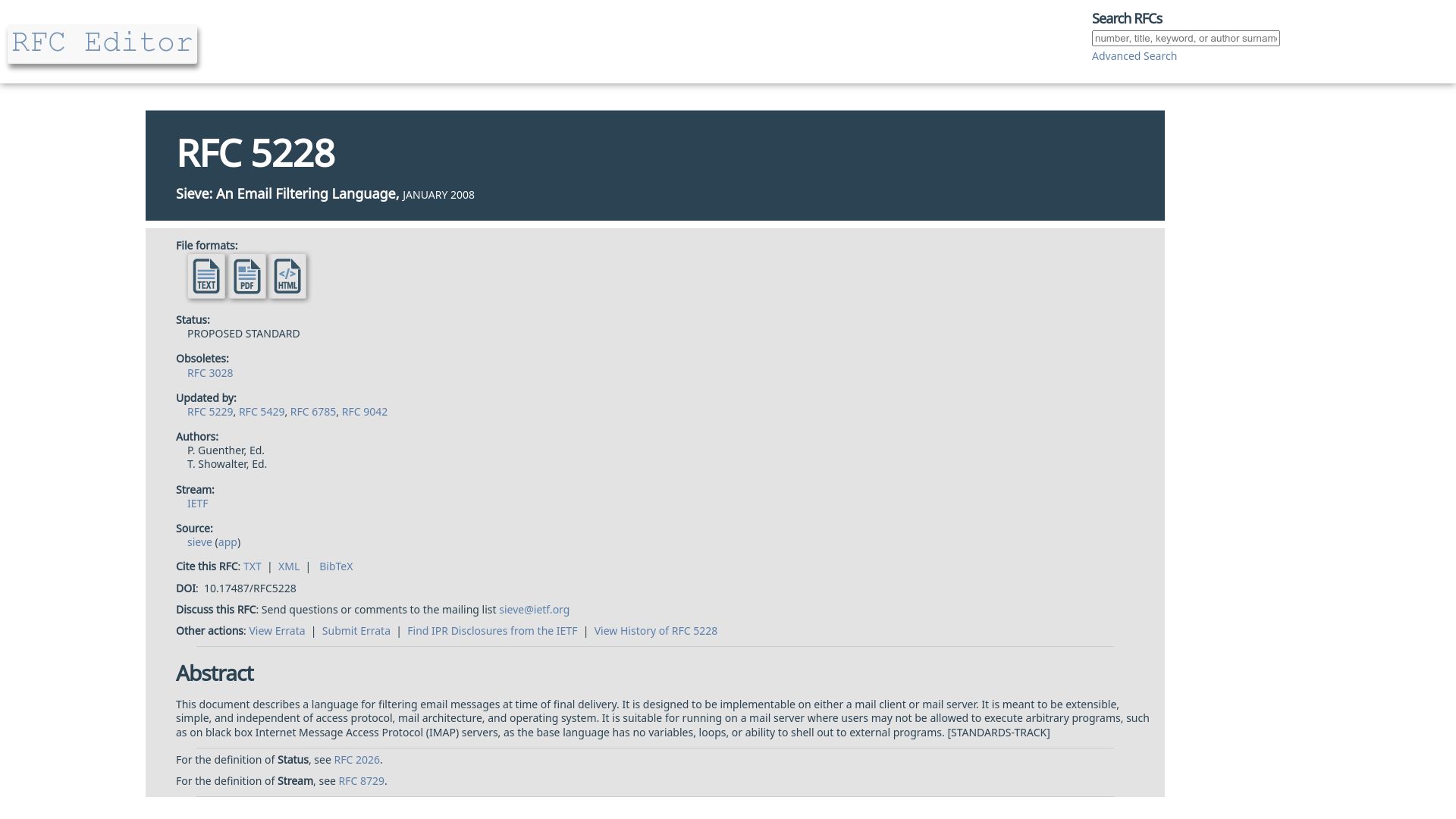 Screenshot of rfc-editor.org: Sieve: An Email Filtering Language (RFC 5228)