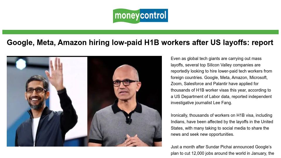 Screenshot of moneycontrol.com: Google, Meta, Amazon hiring low-paid H1B workers after US layoffs