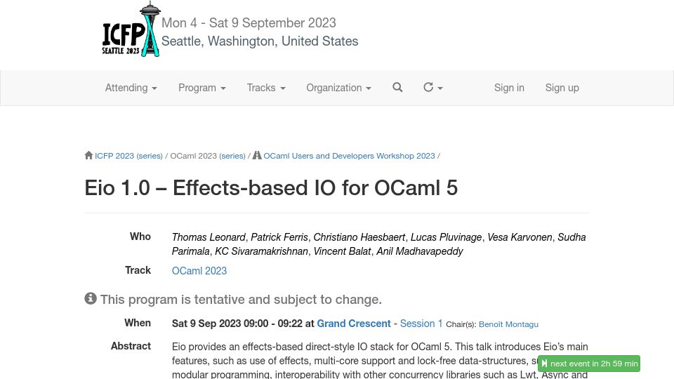 Screenshot of icfp23.sigplan.org: Eio 1.0 – Effects-based IO for OCaml 5