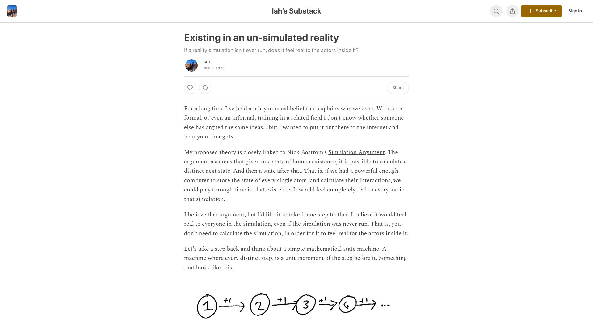 Screenshot of iahwrites.substack.com: Existing in an un-simulated reality