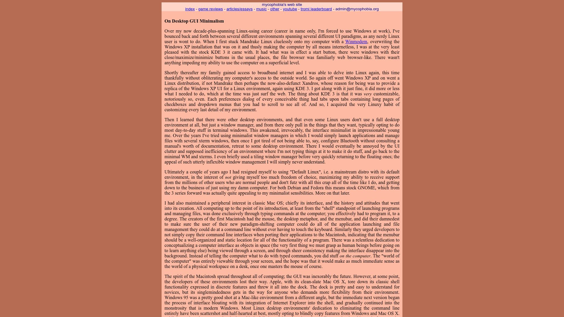 Screenshot of mycophobia.org: On Desktop GUI Minimalism