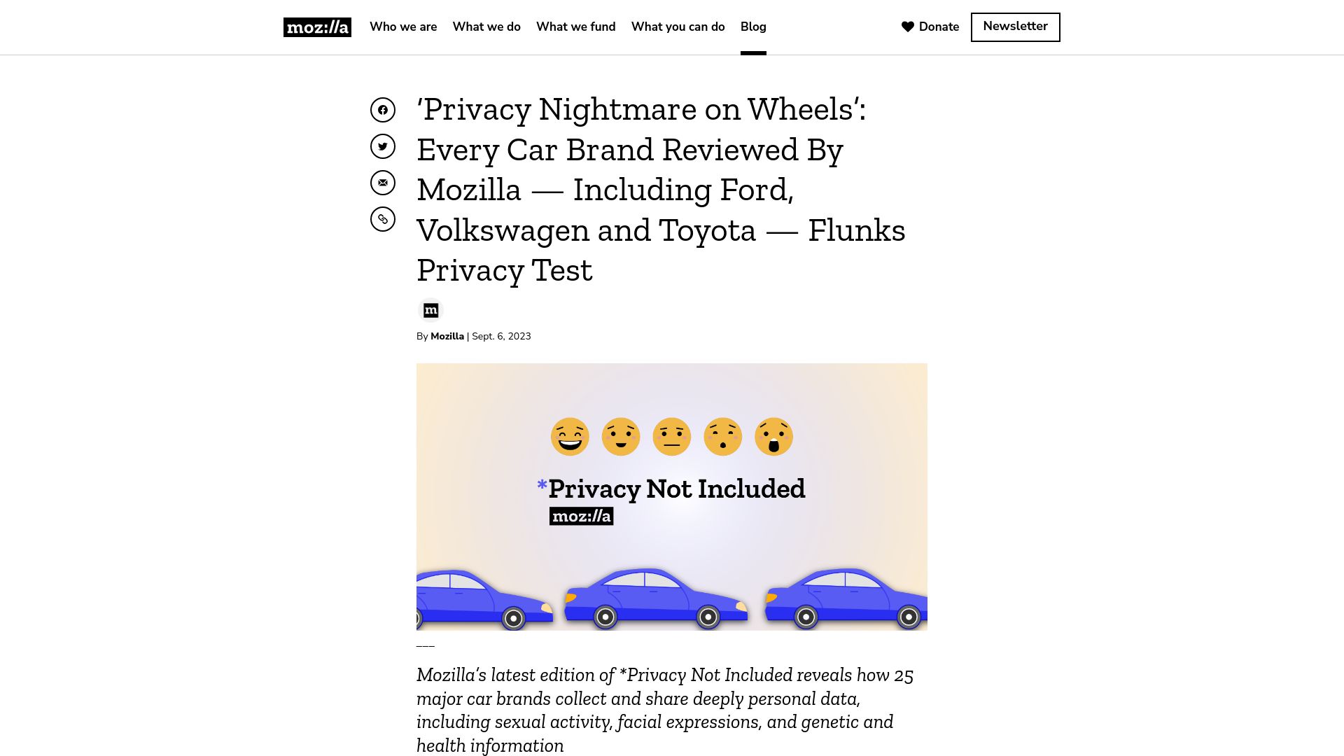 Screenshot of foundation.mozilla.org: Privacy Nightmare on Wheels’: Every Car Brand Reviewed by Mozilla