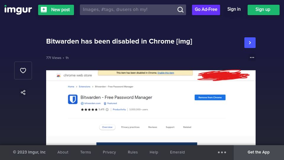 Screenshot of imgur.com: Bitwarden has been disabled in Chrome [img]
