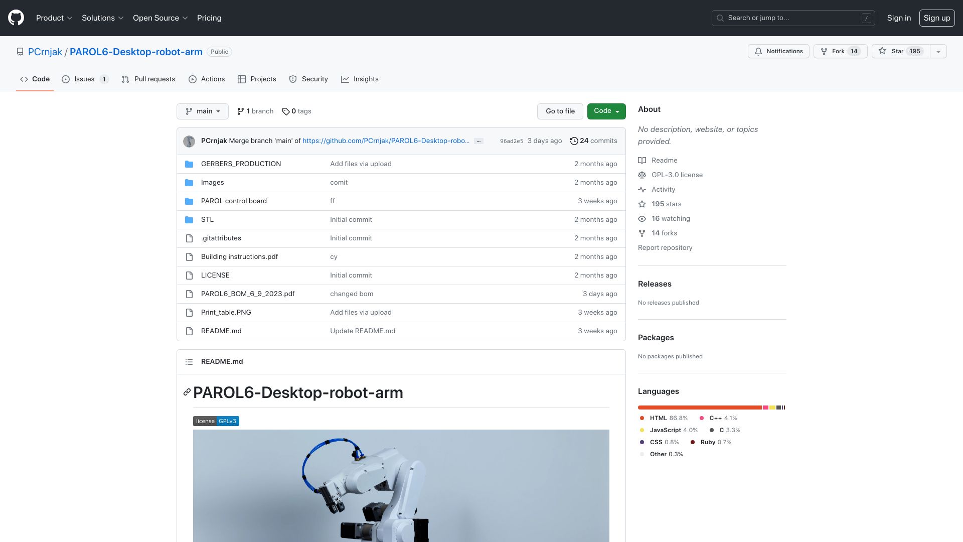 Screenshot of github.com: PAROL6 Desktop Robot Arm