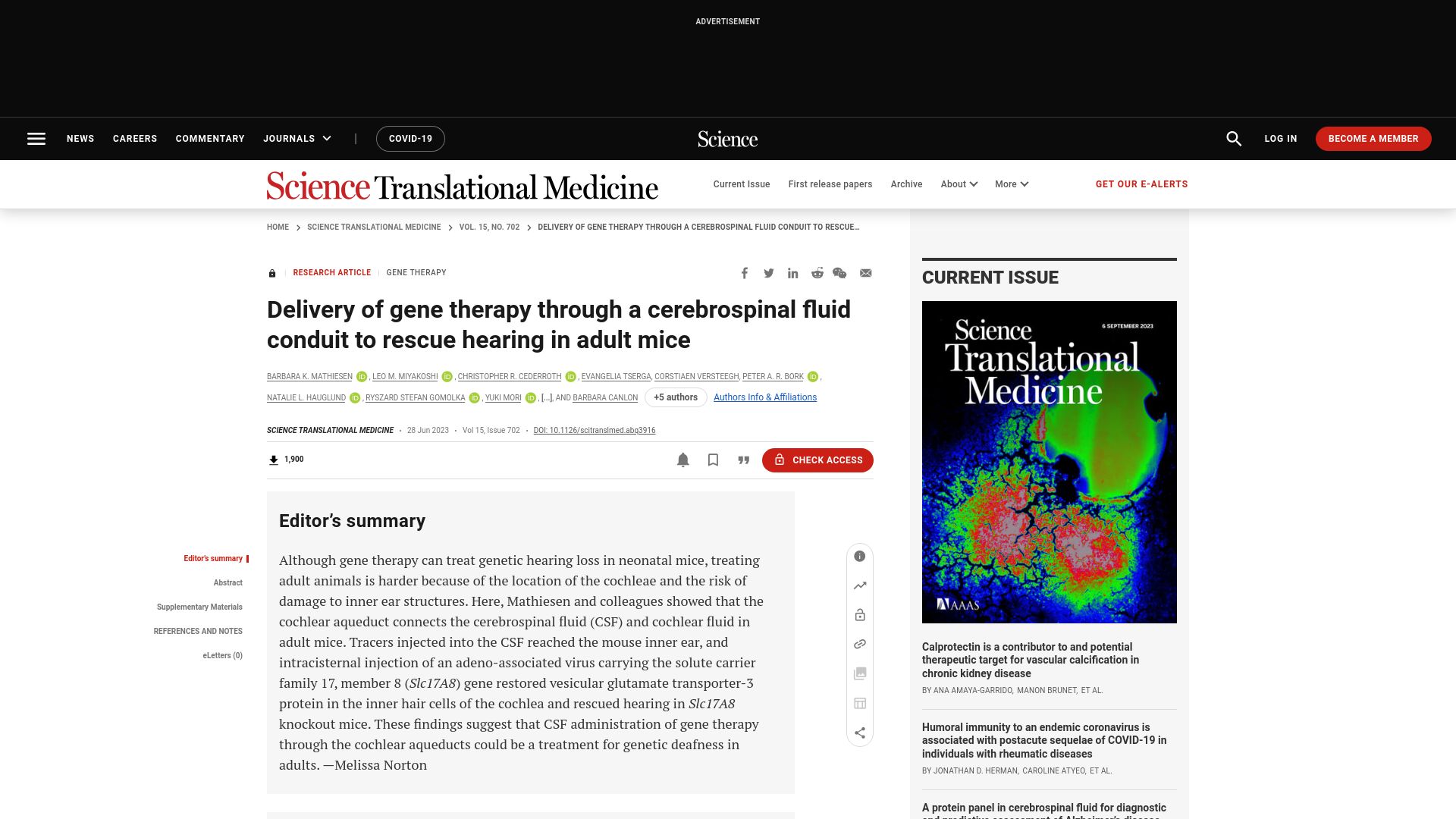 Screenshot of science.org: Delivery of gene therapy through CSF conduit to rescue hearing in adult mice