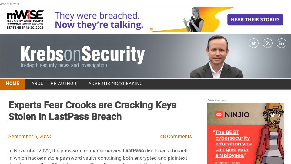Screenshot of krebsonsecurity.com: Experts fear crooks are cracking keys stolen in LastPass breach