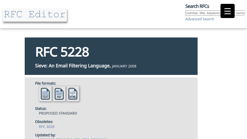 Screenshot of rfc-editor.org: Sieve: An Email Filtering Language (RFC 5228)