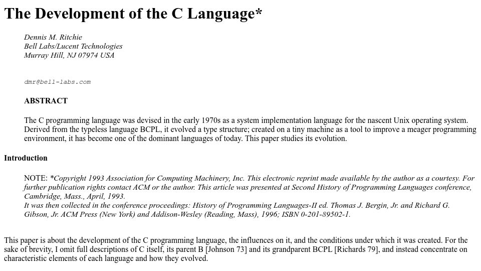 Screenshot of cm.bell-labs.co: The Development of the C Language (2003)