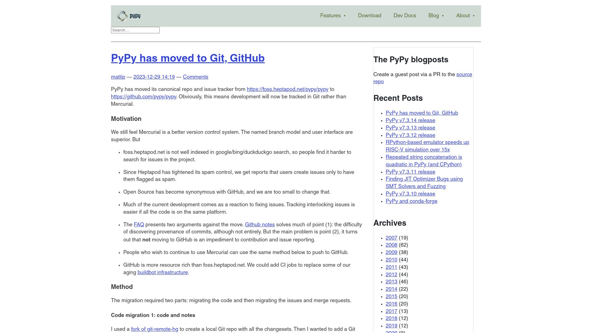 Screenshot of pypy.org: PyPy has moved to Git, GitHub