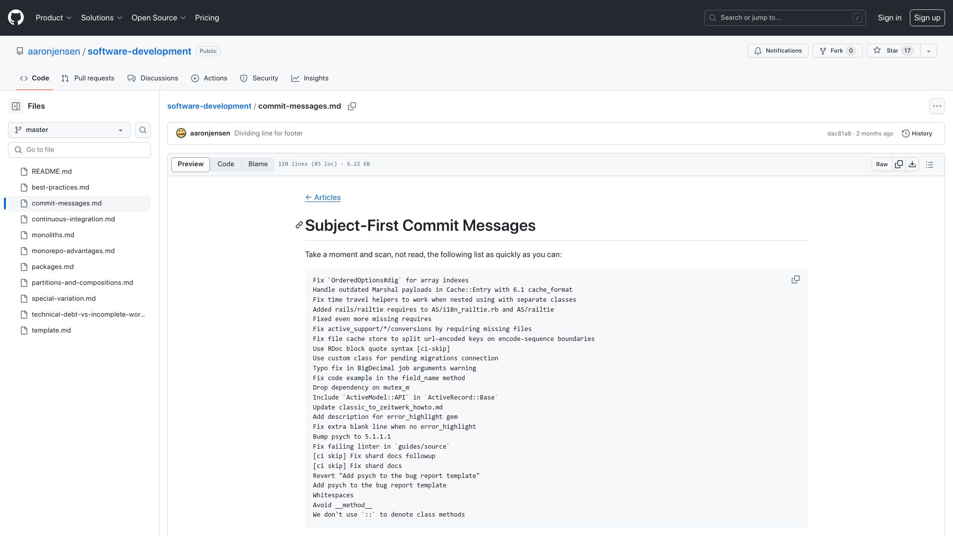 Screenshot of github.com: Subject-First Commit Messages