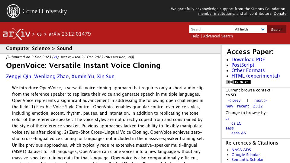 Screenshot of arxiv.org: OpenVoice: Versatile Instant Voice Cloning