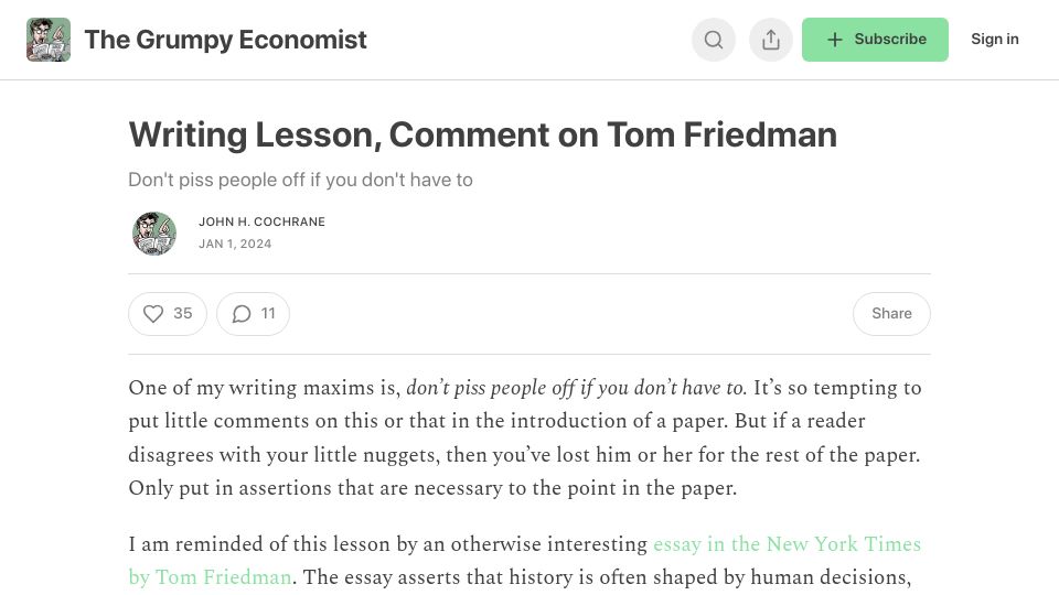 Screenshot of grumpy-economist.com: Writing Lesson, Comment on Friedman. Don't piss people off if you don't have to