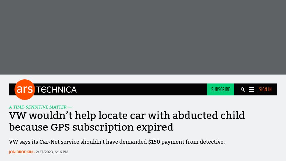Screenshot of arstechnica.com: VW wouldn't help locate car with abducted child because GPS subscription expired