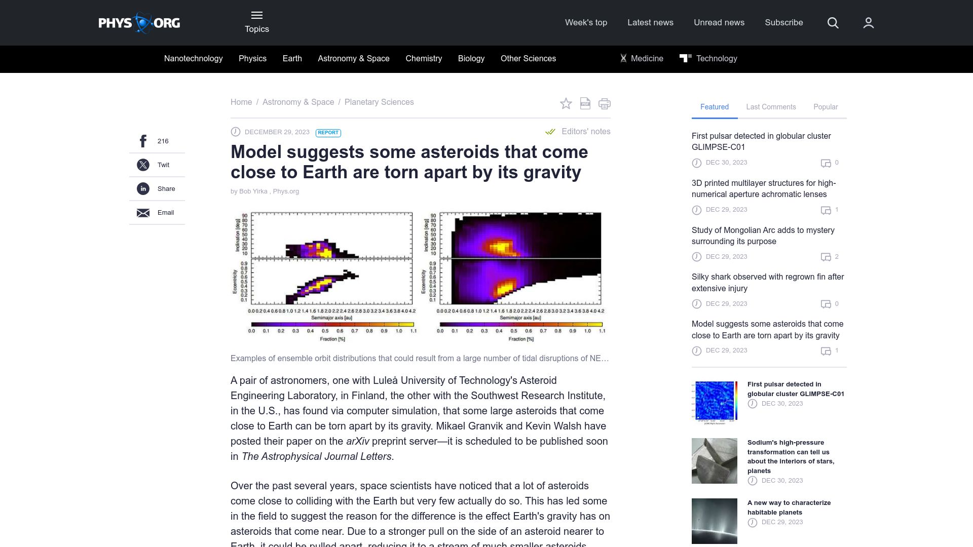 Screenshot of phys.org: Model suggests asteroids that come close to Earth are torn apart by its gravity