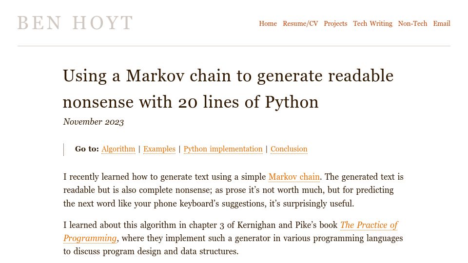 Screenshot of benhoyt.com: Using a Markov chain to generate readable nonsense with 20 lines of Python