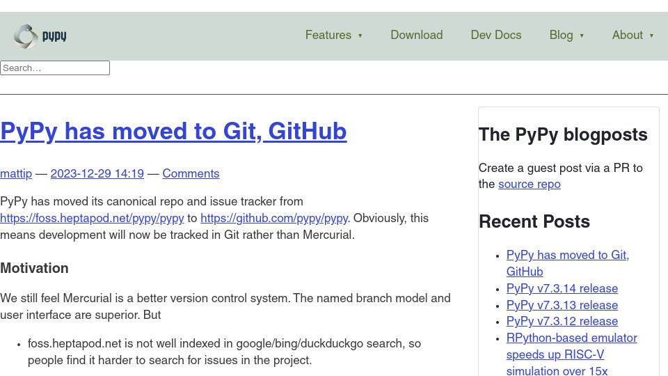 Screenshot of pypy.org: PyPy has moved to Git, GitHub