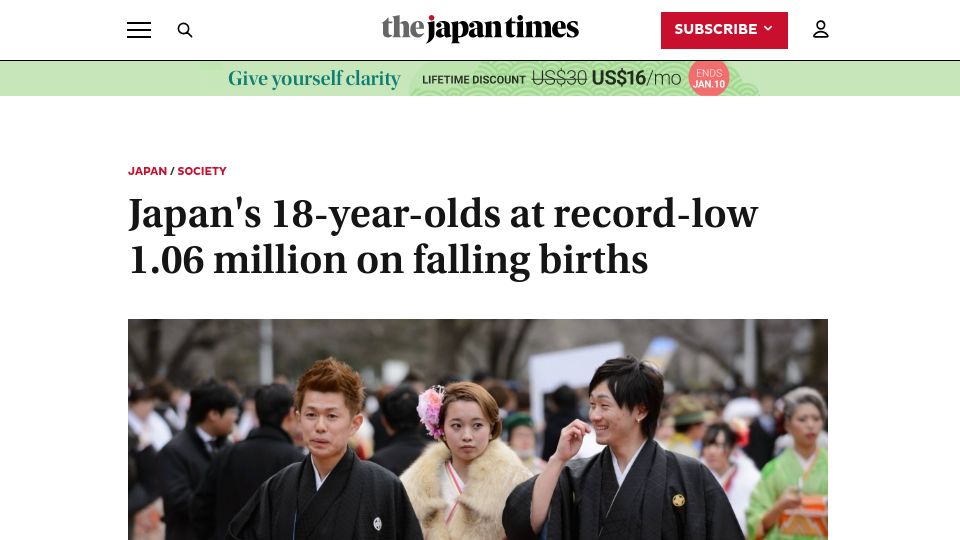 Screenshot of japantimes.co.jp: Japan's 18-year-olds at record-low 1.06 million
