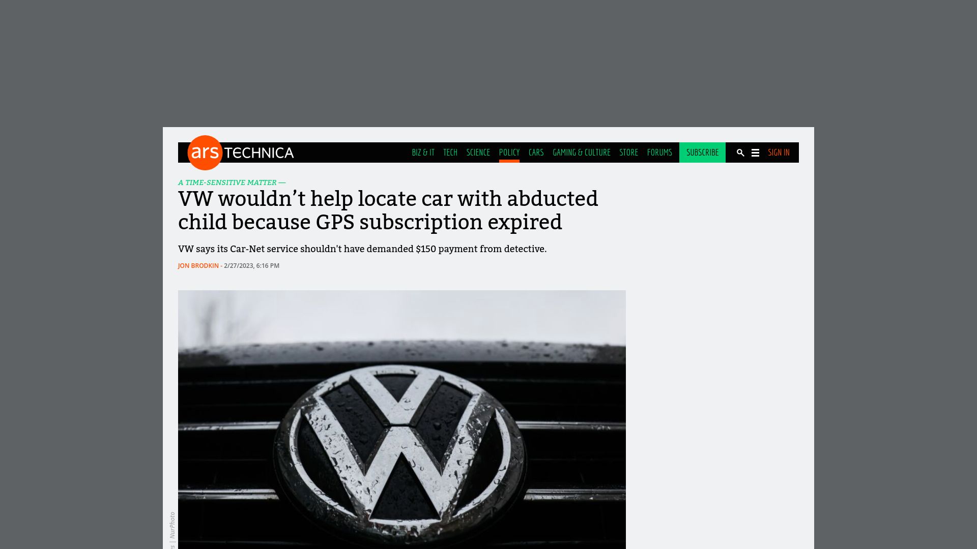 Screenshot of arstechnica.com: VW wouldn't help locate car with abducted child because GPS subscription expired