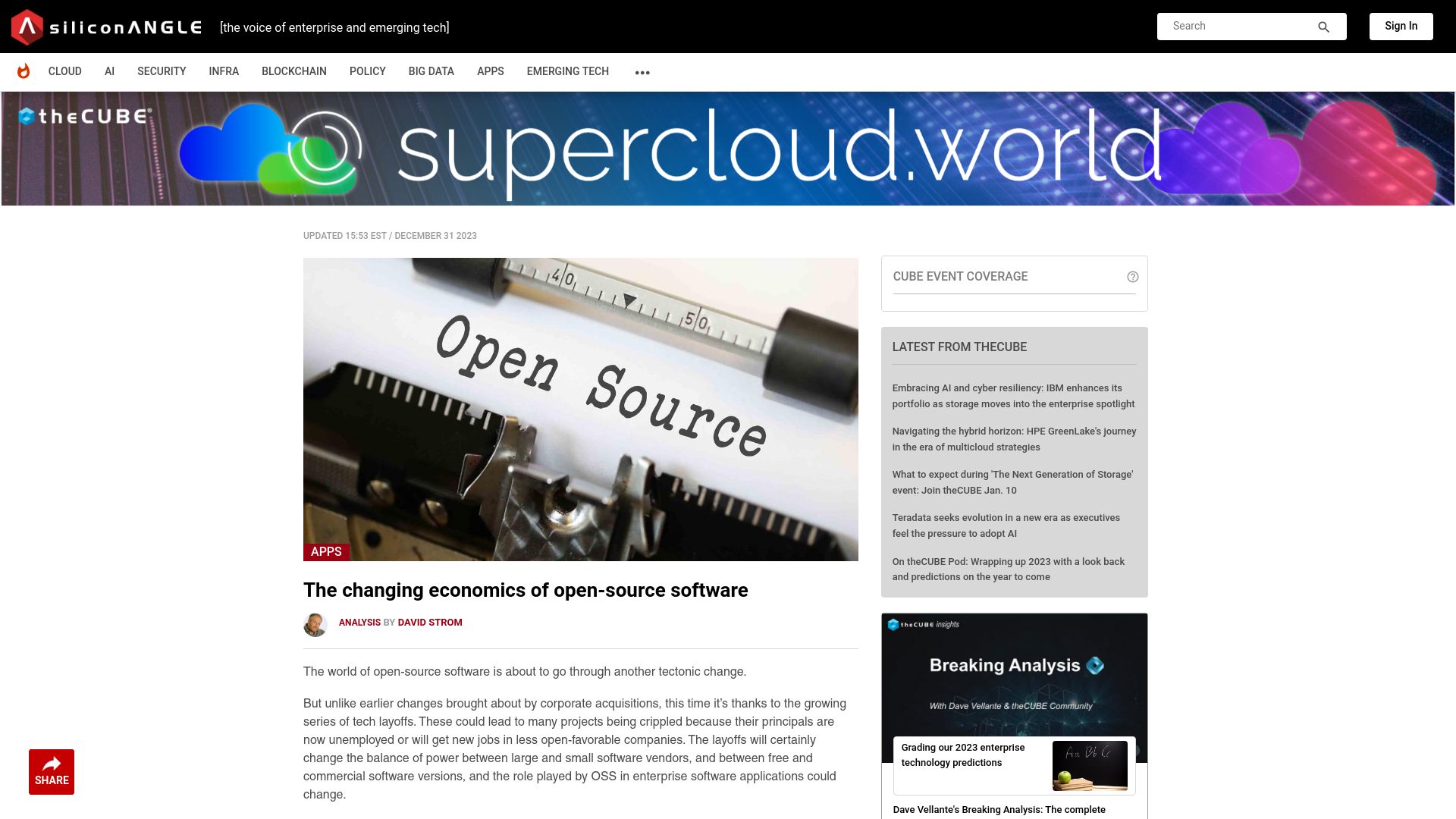 Screenshot of siliconangle.com: The changing economics of open-source software