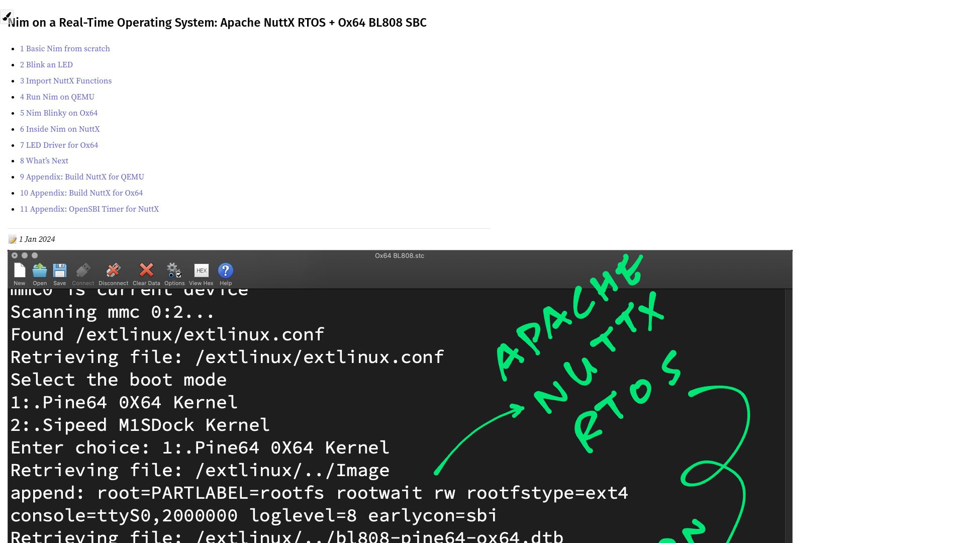 Screenshot of lupyuen.codeberg.page: Nim on a Real-Time Operating System: Apache NuttX RTOS and Ox64 BL808 SBC