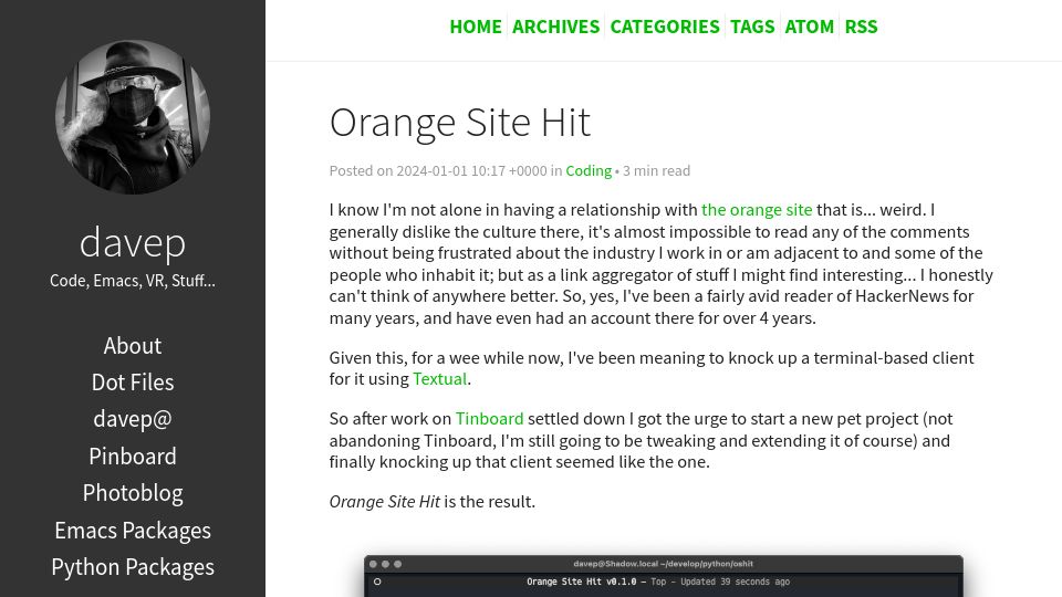Screenshot of blog.davep.org: Orange Site Hit
