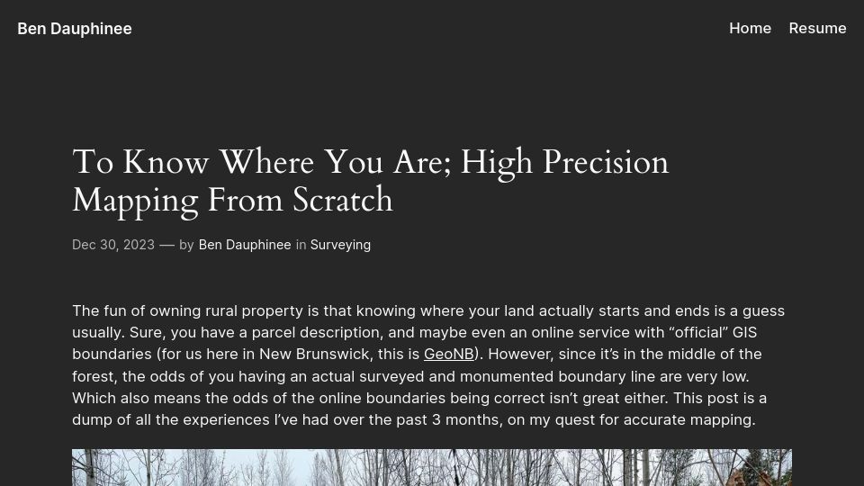 Screenshot of bendauphinee.com: High Precision Mapping from Scratch