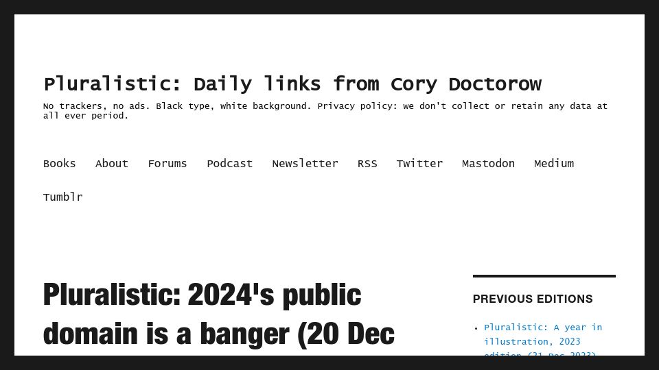 Screenshot of pluralistic.net: 2024's public domain is a banger