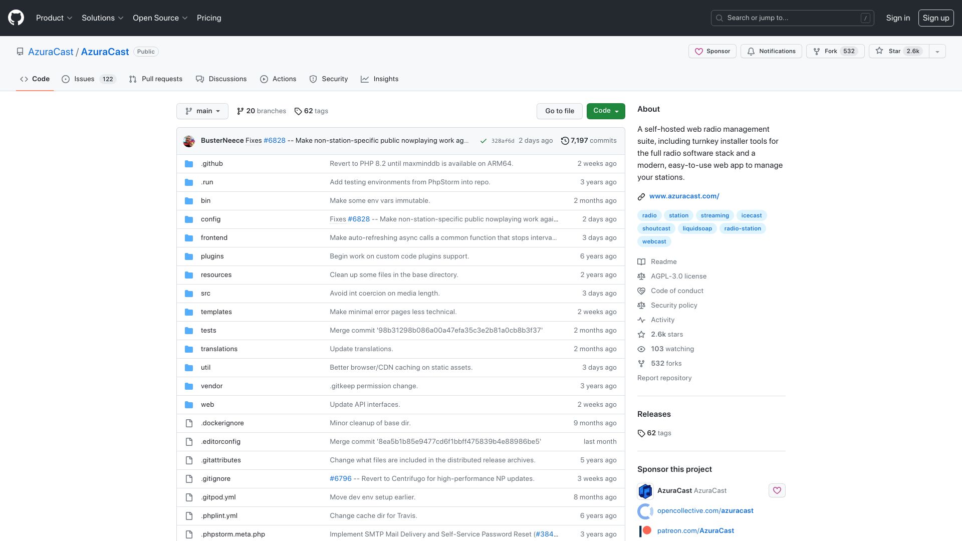 Screenshot of github.com: AzuraCast: A Simple, Self-Hosted Web Radio Management Suite